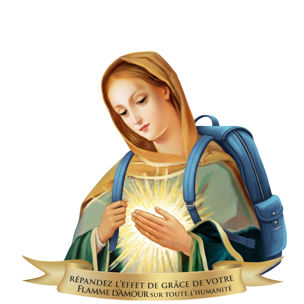 Buste de la Vierge Marie avec un sac à dos bleu d'écolière
