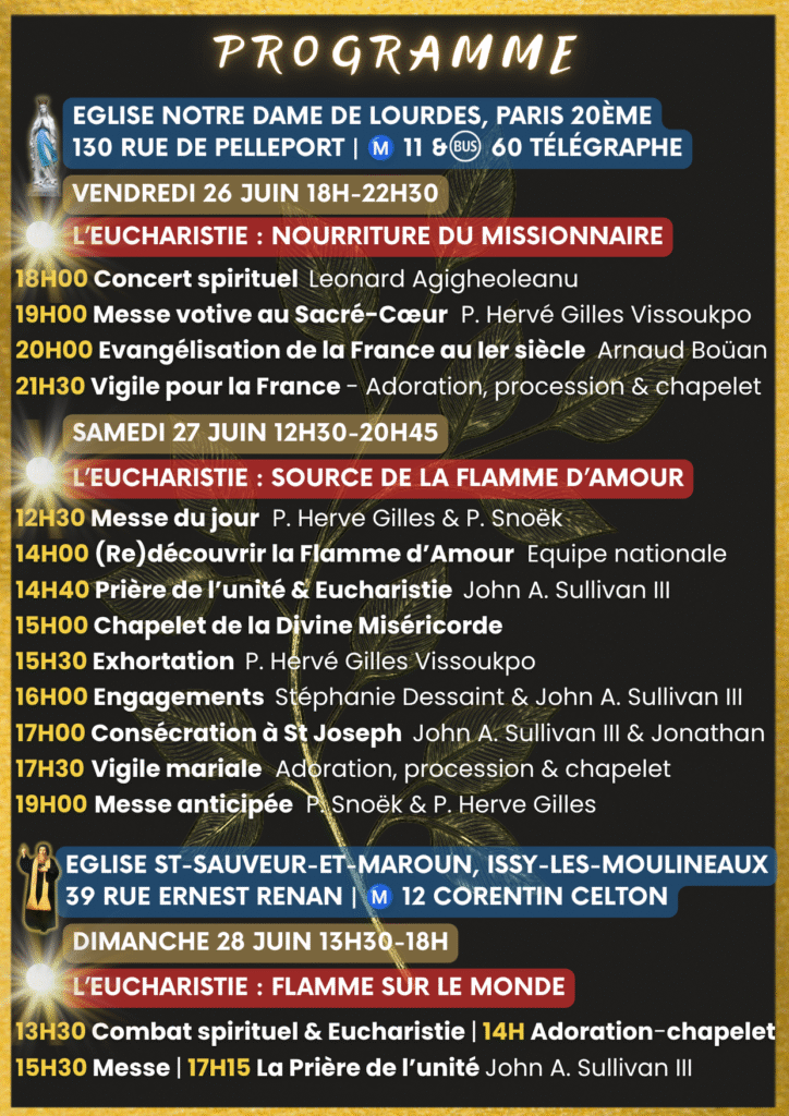 Verso du flyer de programme du rassemblement Flamme d'Amour de fin juin 2026
